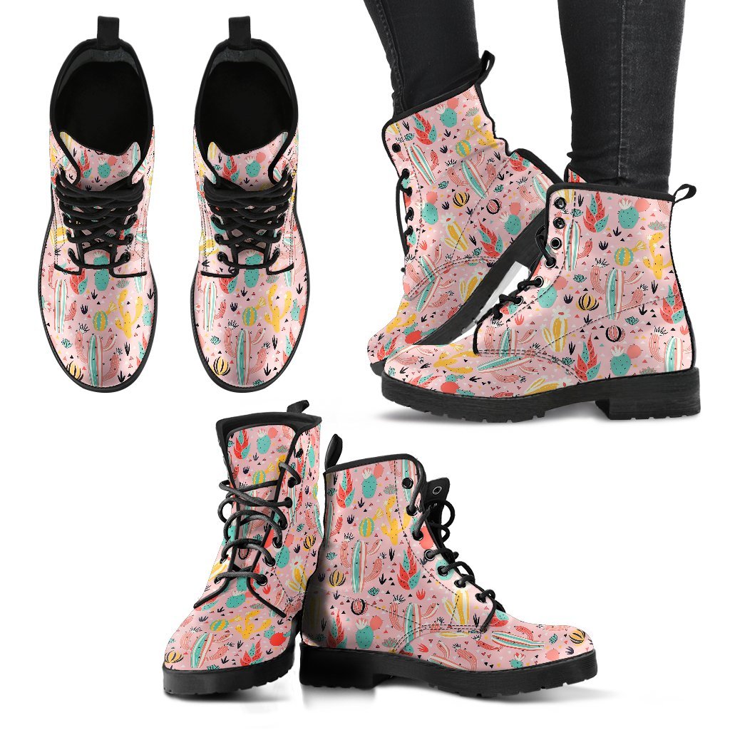 Pink Cactus Pattern Print Men Women Leather Boots-grizzshop