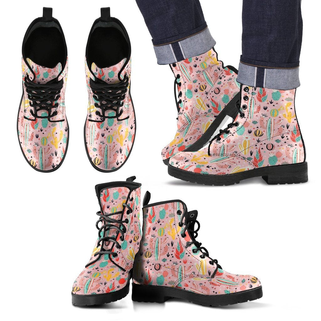 Pink Cactus Pattern Print Men Women Leather Boots-grizzshop