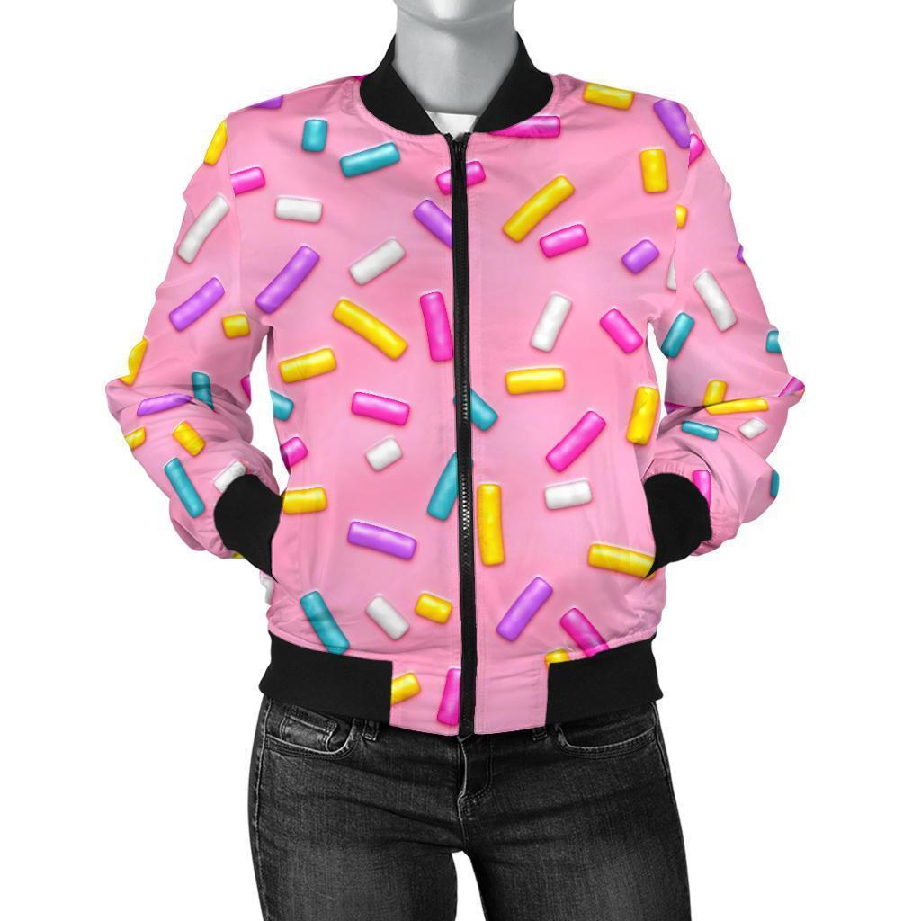 Pink Candy Pattern Print Women Casual Bomber Jacket-grizzshop