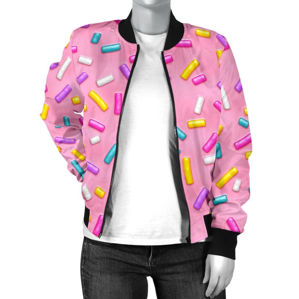 Pink Candy Pattern Print Women Casual Bomber Jacket-grizzshop