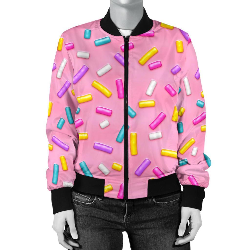 Pink Candy Pattern Print Women Casual Bomber Jacket-grizzshop