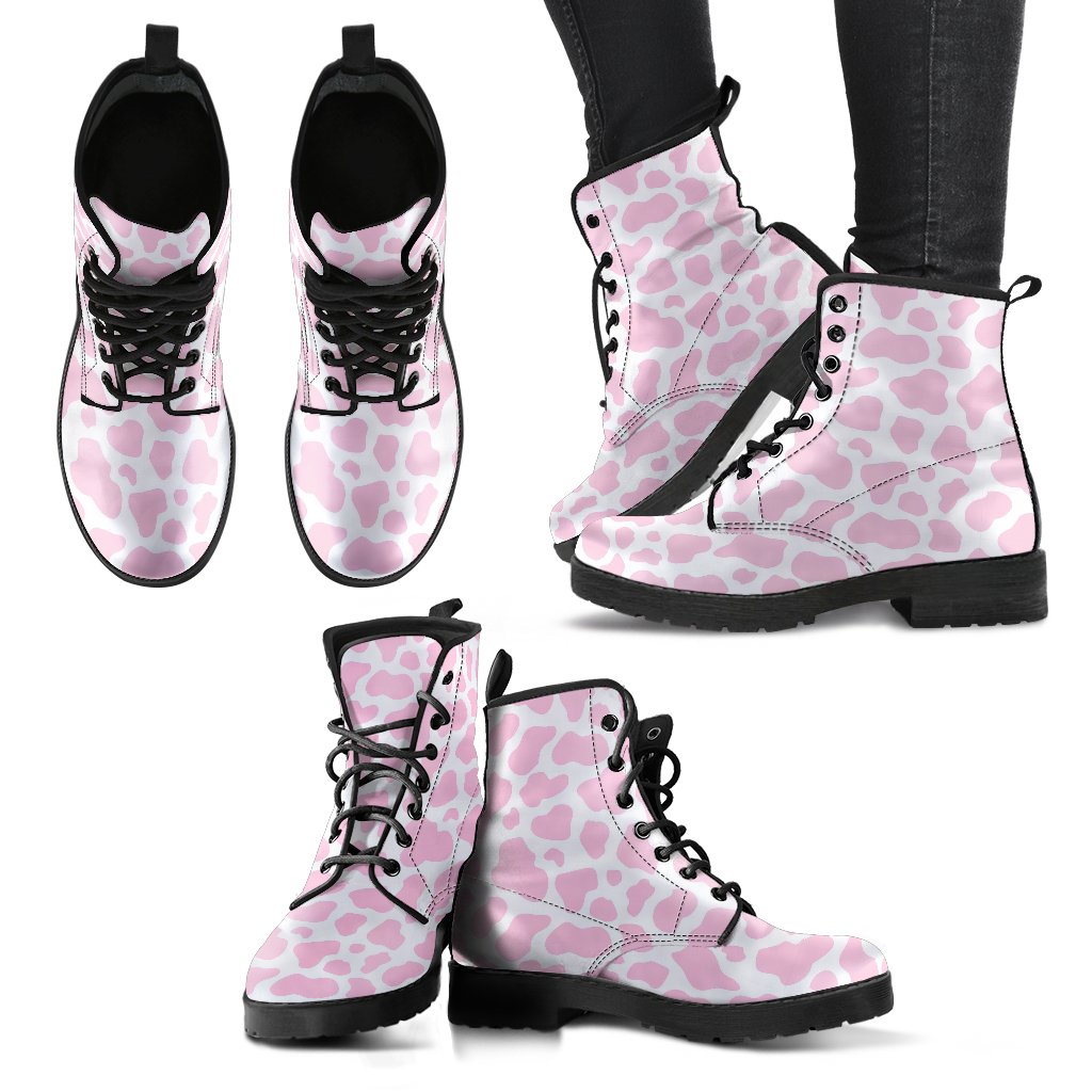 Pink Cow Pattern Print Men Women Leather Boots-grizzshop