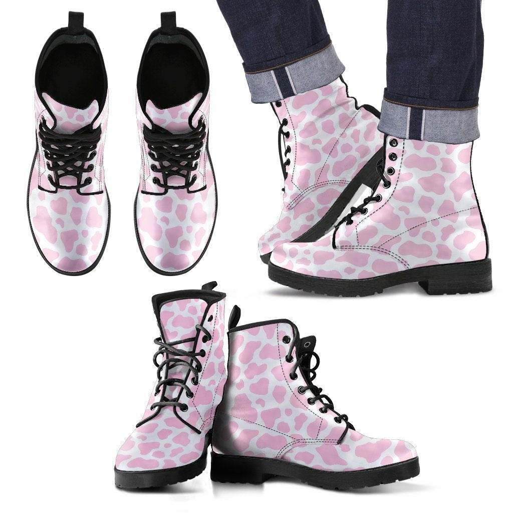Pink Cow Pattern Print Men Women Leather Boots-grizzshop