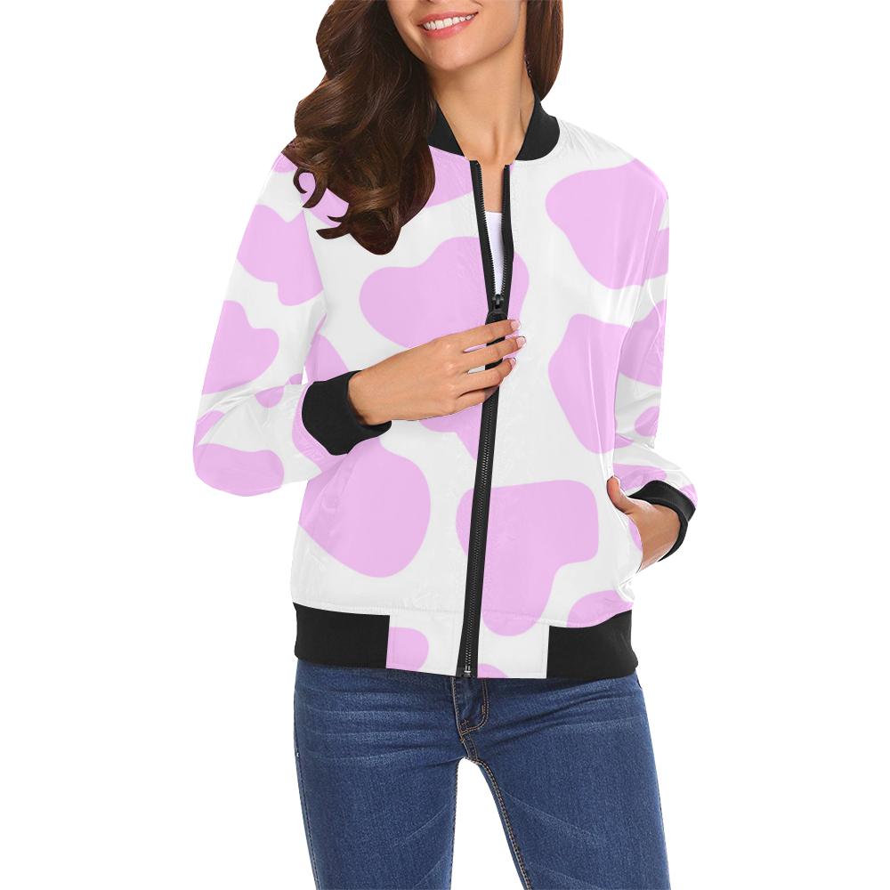 Pink Cow Pattern Print Women Casual Bomber Jacket-grizzshop