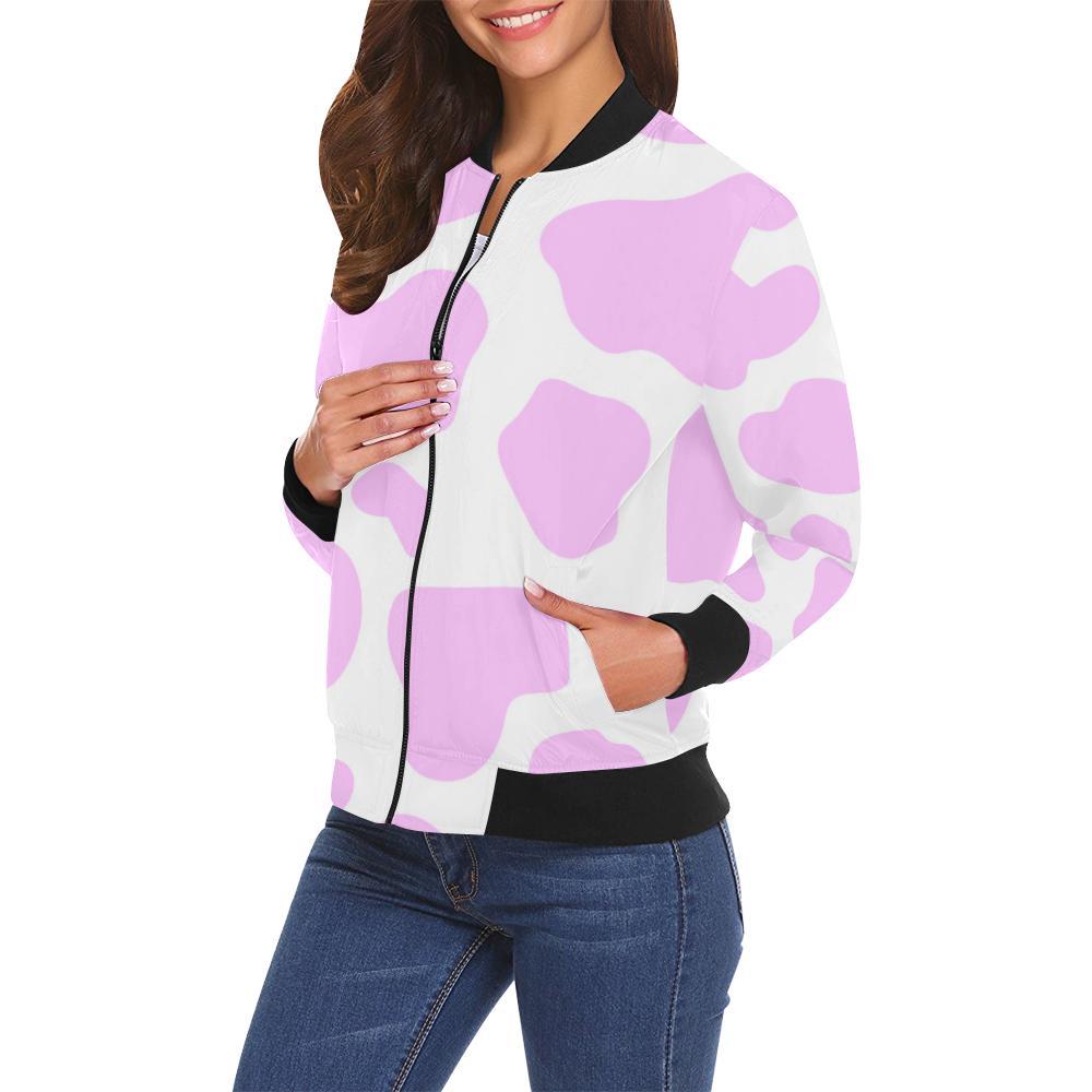 Pink Cow Pattern Print Women Casual Bomber Jacket-grizzshop