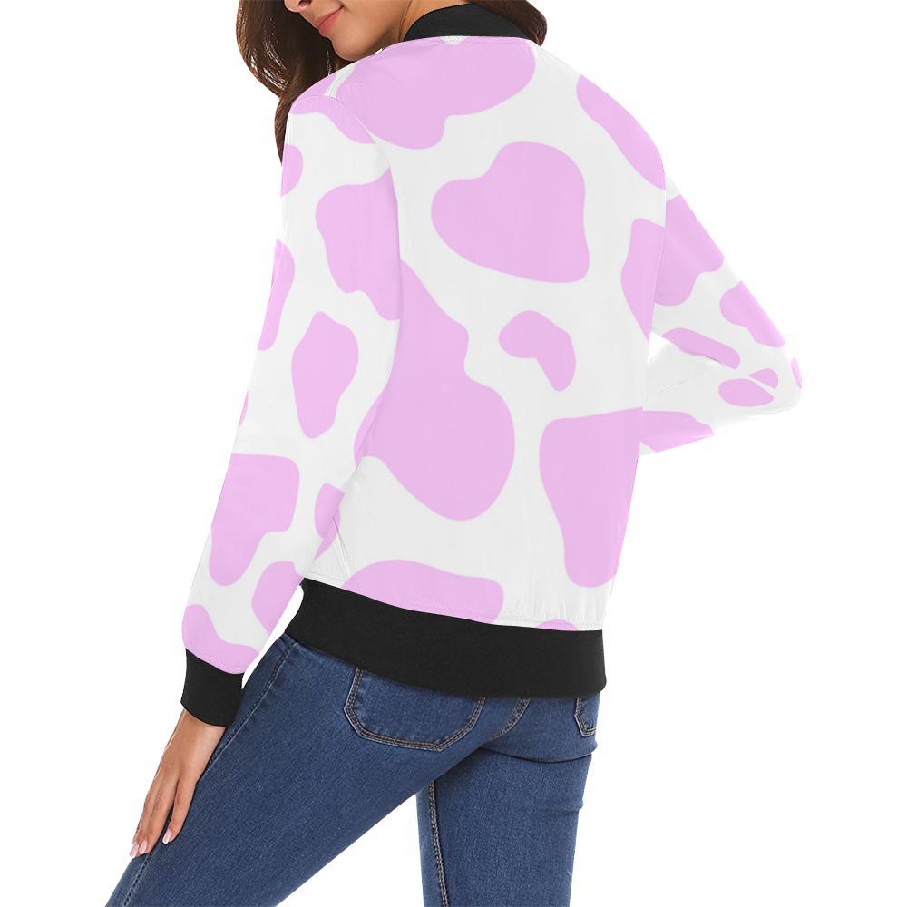 Pink Cow Pattern Print Women Casual Bomber Jacket-grizzshop