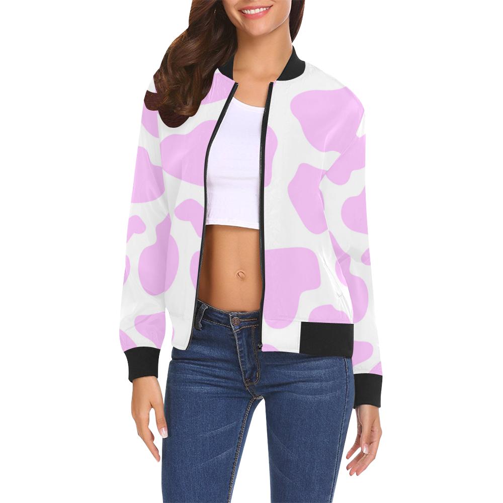 Pink Cow Pattern Print Women Casual Bomber Jacket-grizzshop