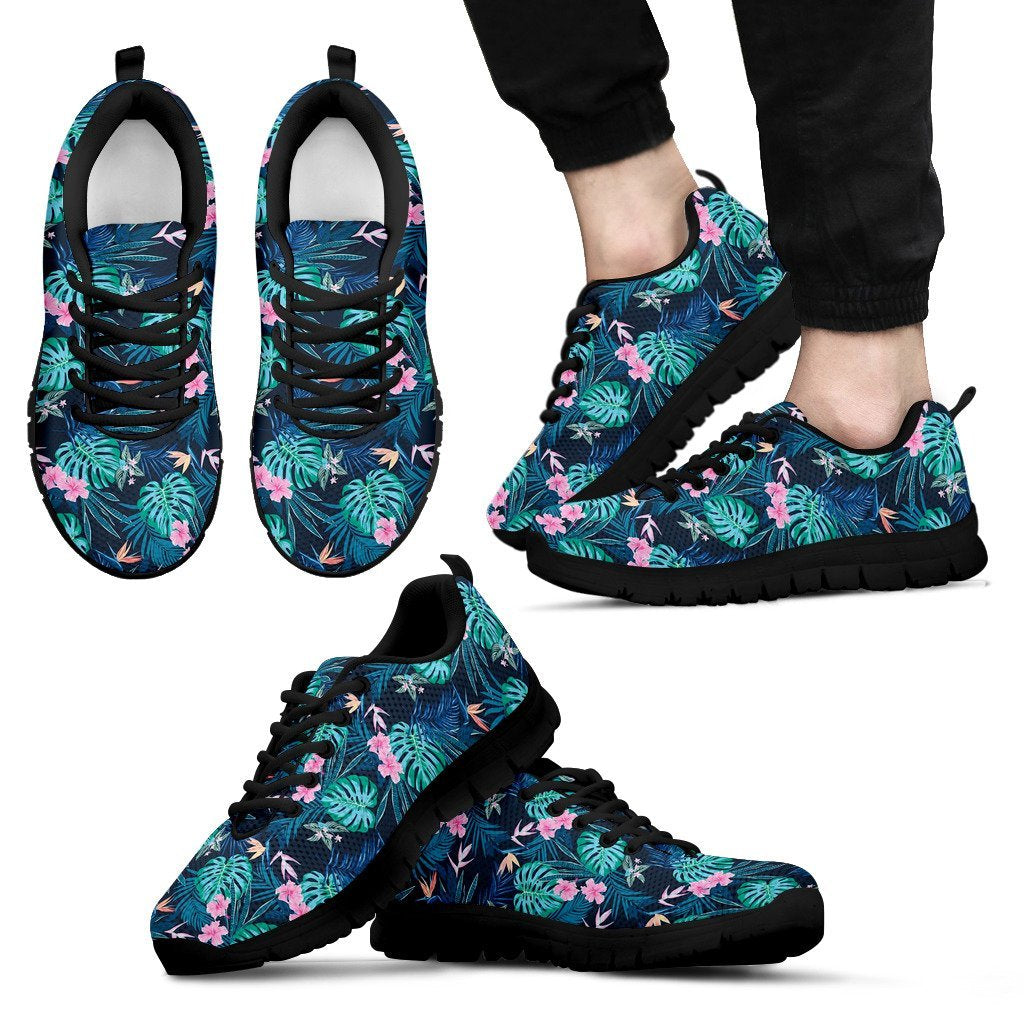 Pink Floral Tropical Palm Leaves Hawaiian Pattern Print Black Sneaker Shoes For Men Women-grizzshop