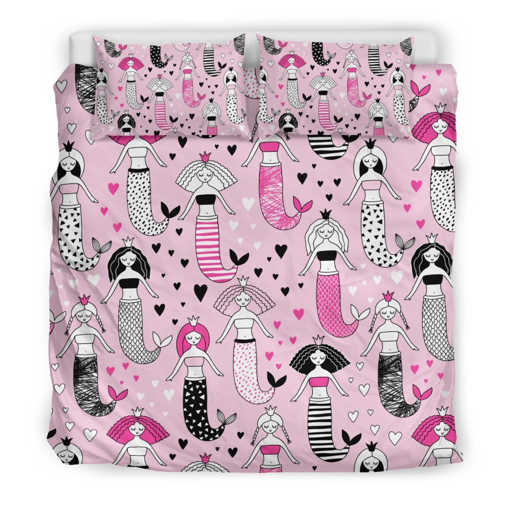Pink Girly Mermaid Teal Scales Pattern Print Duvet Cover Bedding Set-grizzshop
