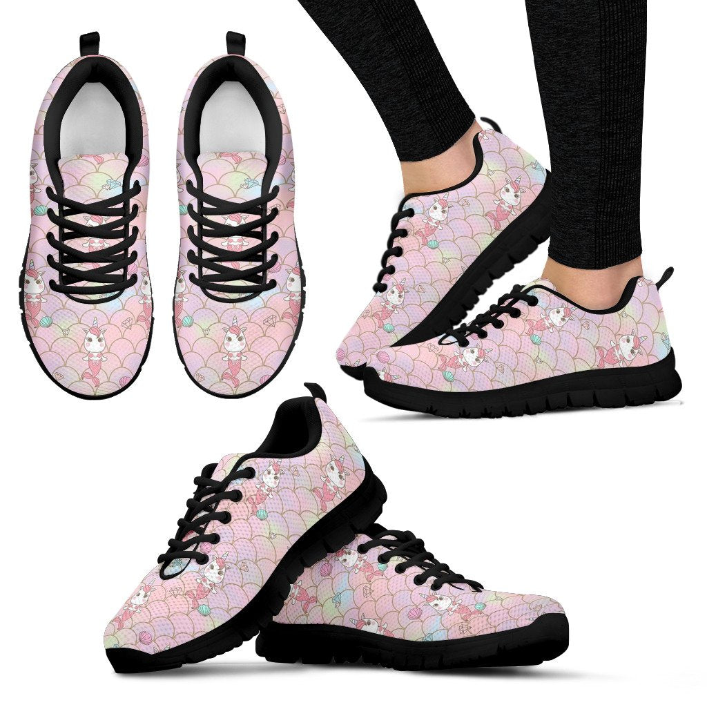 Pink Girly Mermaid Unicorn Teal Scales Pattern Print Black Sneaker Shoes For Men Women-grizzshop