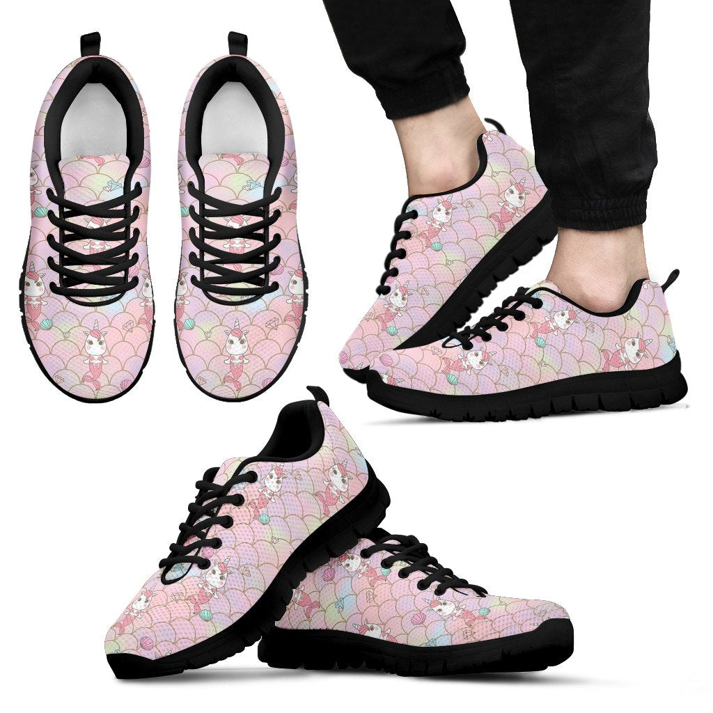 Pink Girly Mermaid Unicorn Teal Scales Pattern Print Black Sneaker Shoes For Men Women-grizzshop