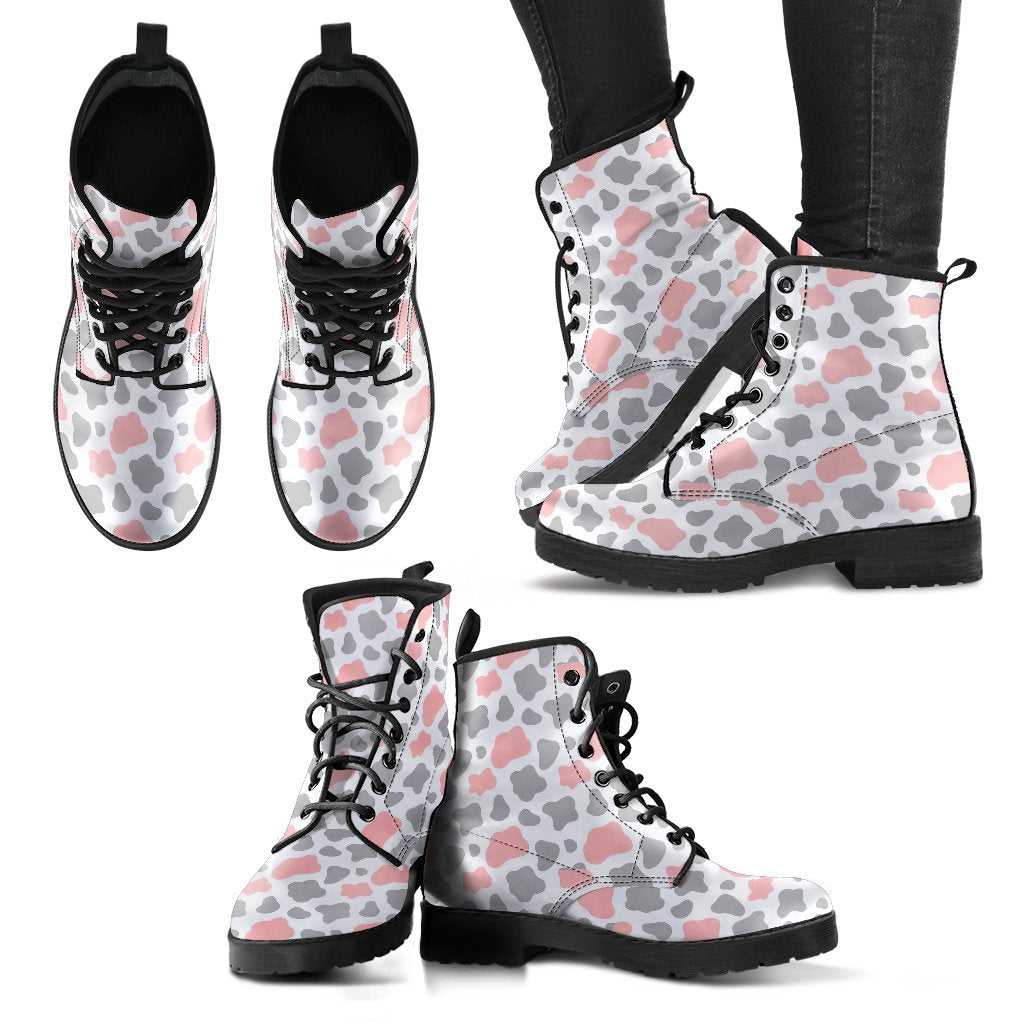 Pink Gray Cow Pattern Print Men Women Leather Boots-grizzshop