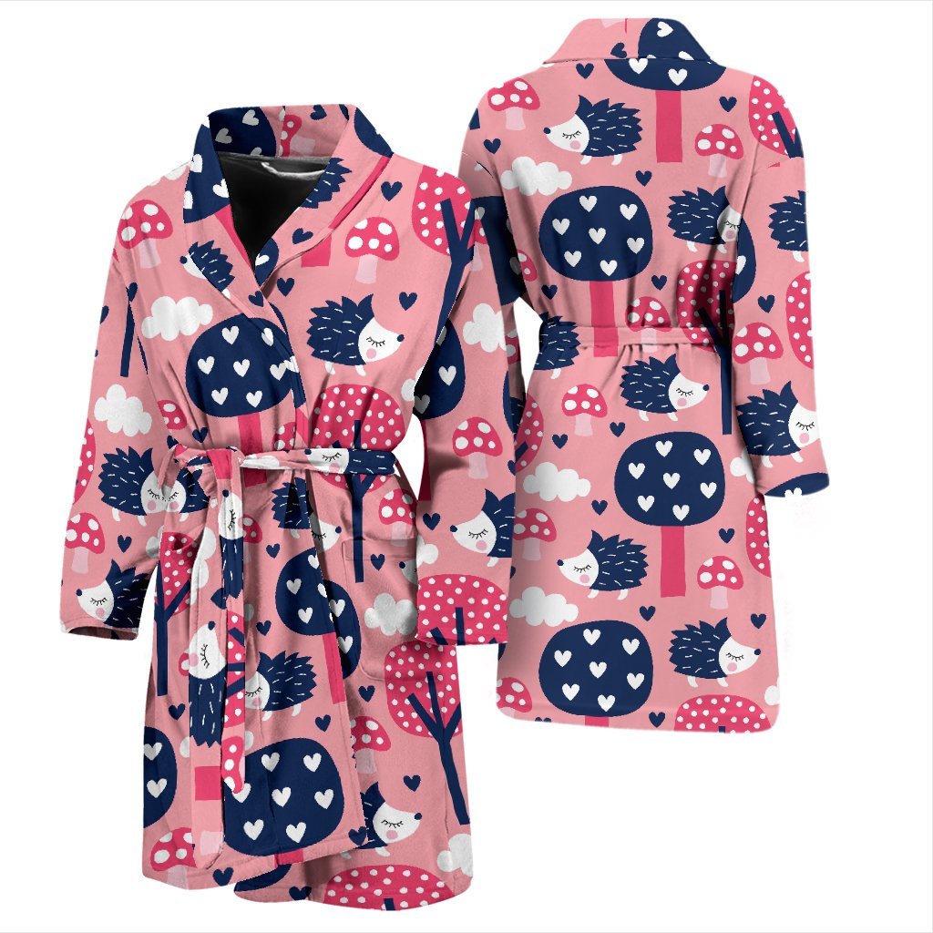 Pink Mushroom Three Hedgehogs Men Long Robe-grizzshop