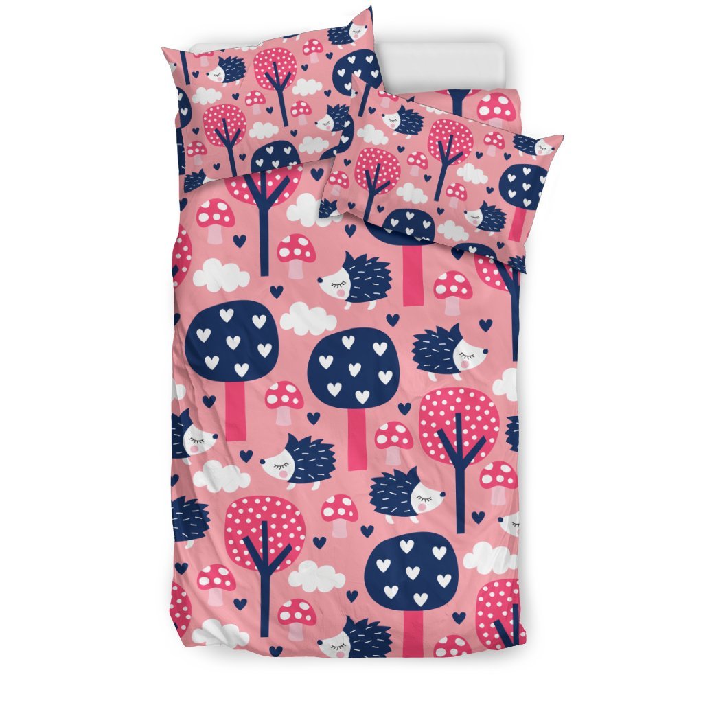 Pink Mushroom Three Hedgehogs Pattern Print Duvet Cover Bedding Set-grizzshop