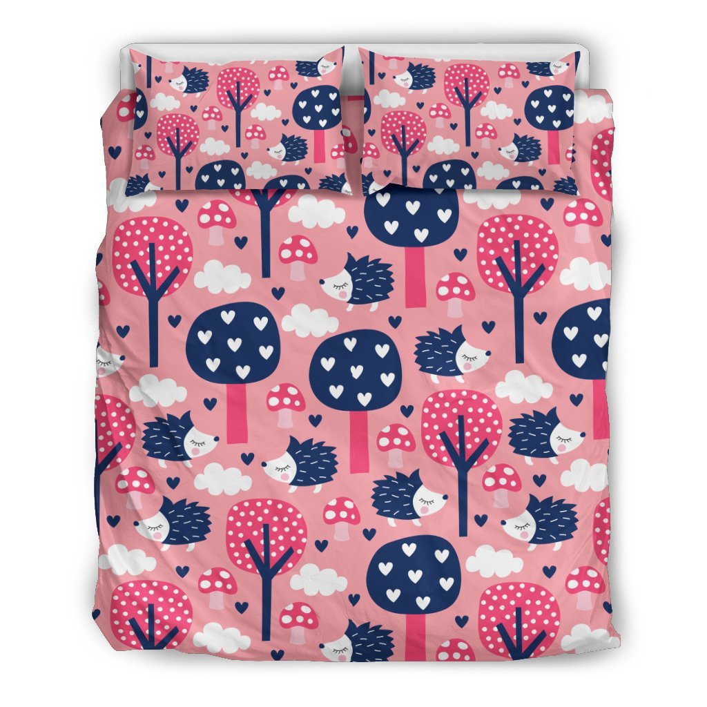 Pink Mushroom Three Hedgehogs Pattern Print Duvet Cover Bedding Set-grizzshop