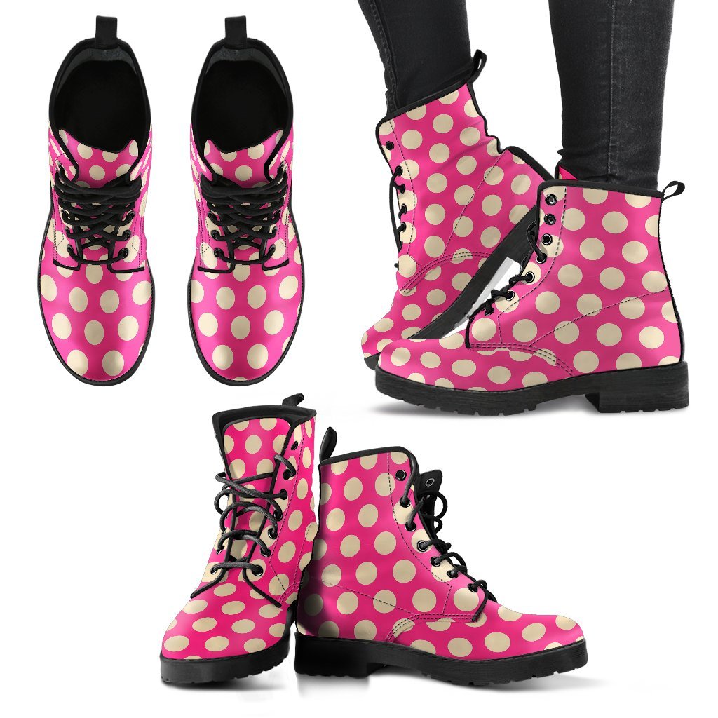 Pink White Polka dot Pattern Print Men Women Leather Boots-grizzshop