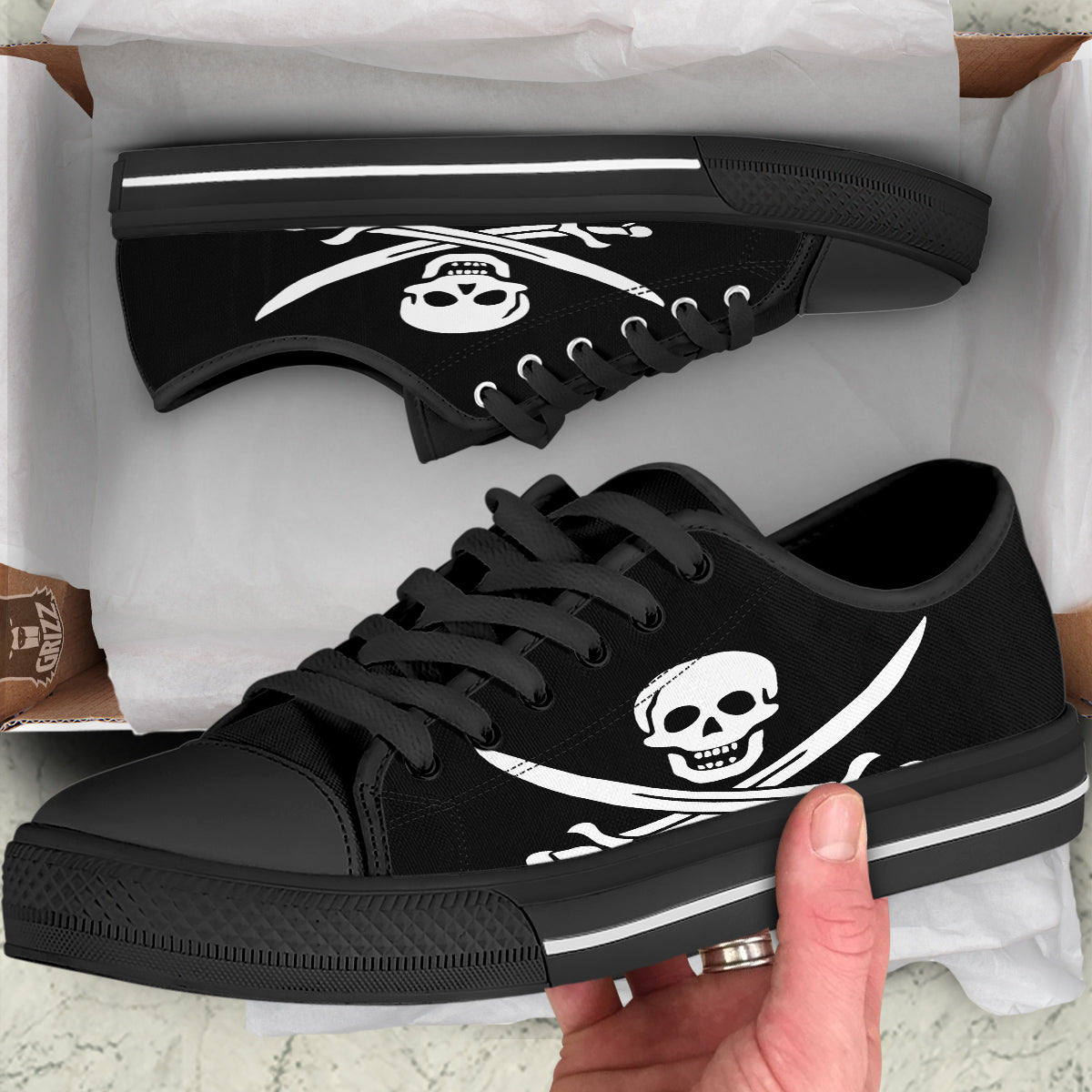 Pirate Flag Calico Jack Print Black Low Top Shoes-grizzshop