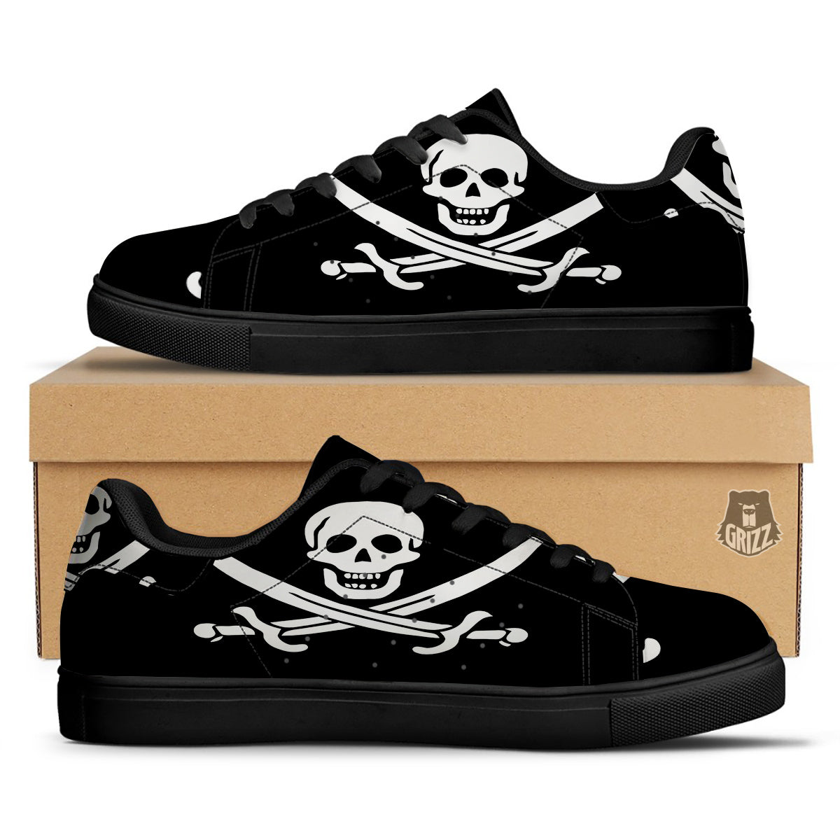 Pirate Flag Calico Jack Print Black Low Top Sneakers-grizzshop