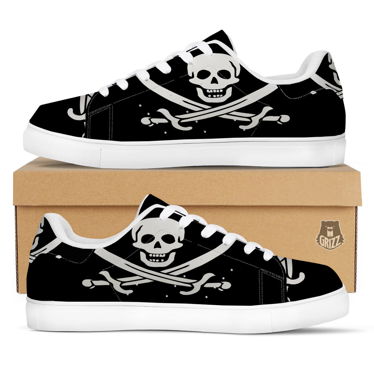 Pirate Flag Calico Jack Print White Low Top Sneakers-grizzshop