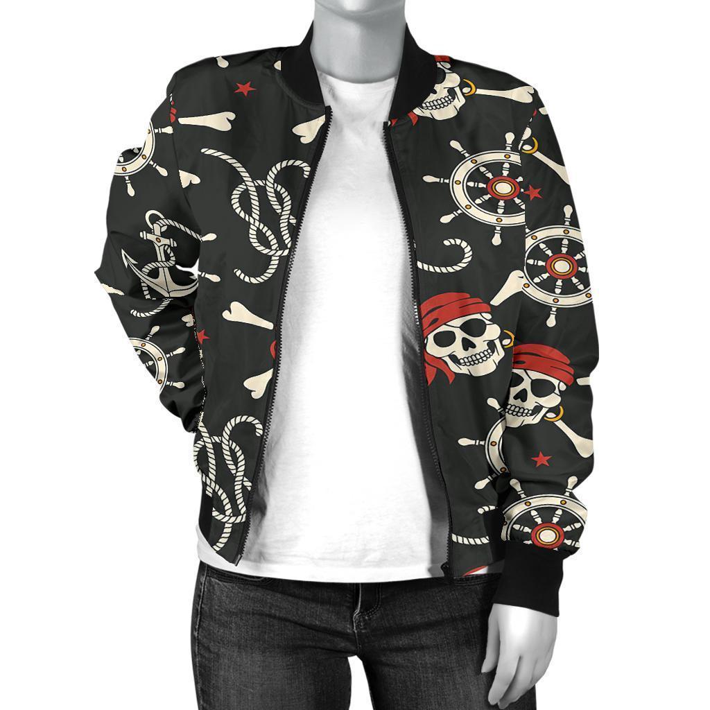 Pirate Skull Pattern Print Women Casual Bomber Jacket-grizzshop