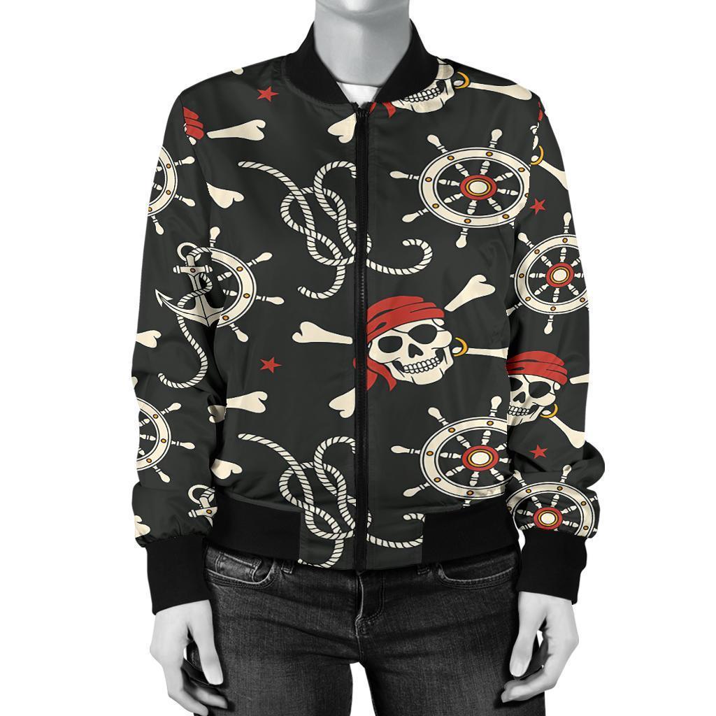 Pirate Skull Pattern Print Women Casual Bomber Jacket-grizzshop