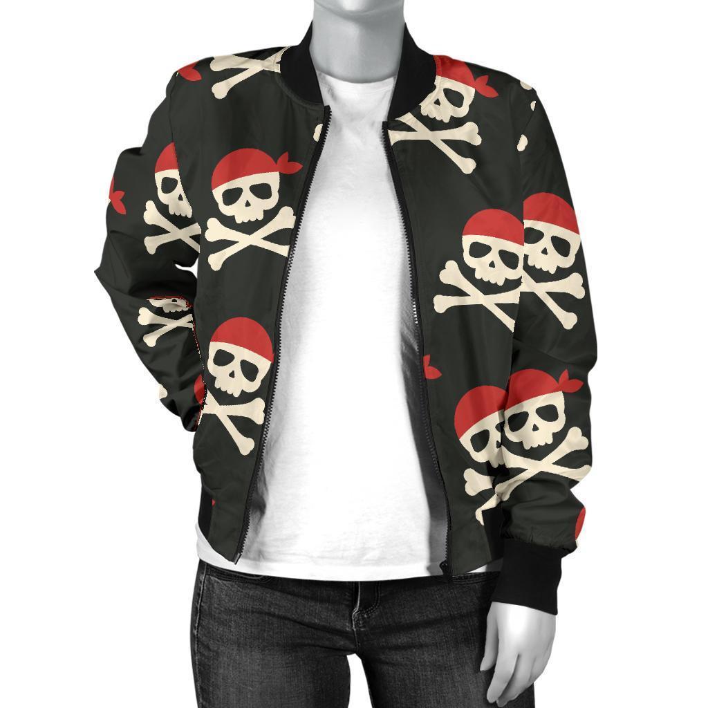 Pirate Skull Print Pattern Women Casual Bomber Jacket-grizzshop