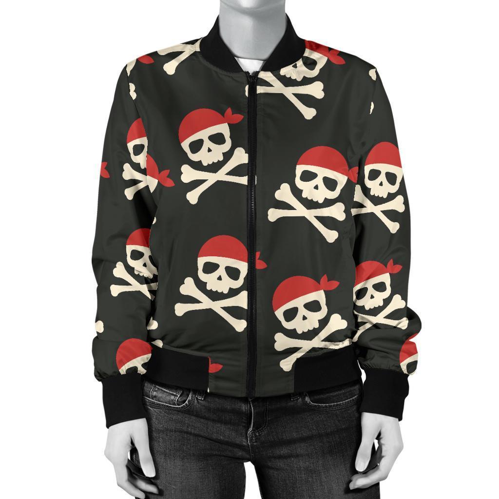 Pirate Skull Print Pattern Women Casual Bomber Jacket-grizzshop
