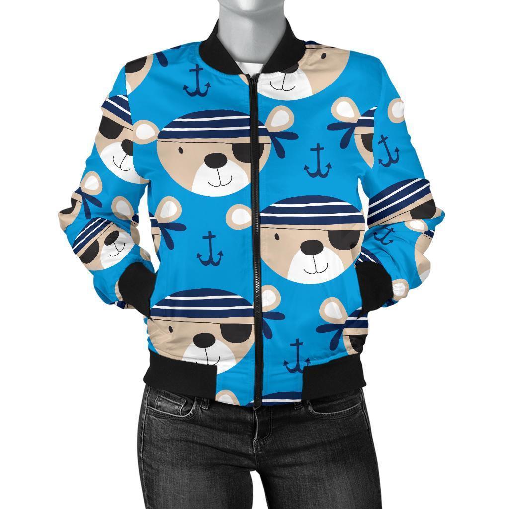 Pirate Bear Pattern Print Women Casual Bomber Jacket-grizzshop