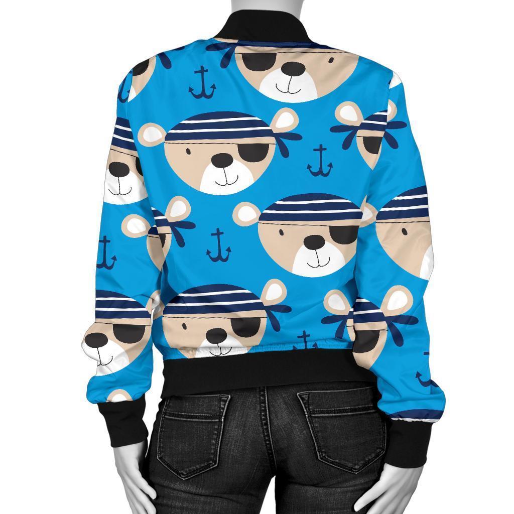 Pirate Bear Pattern Print Women Casual Bomber Jacket-grizzshop