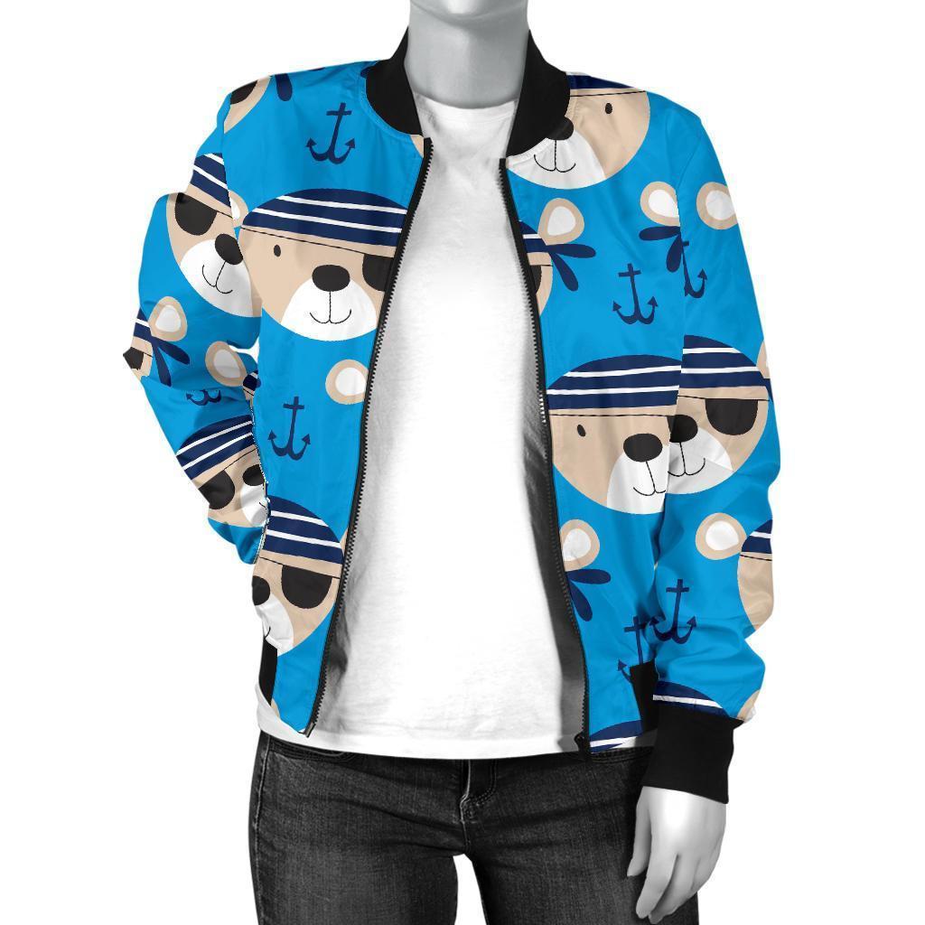 Pirate Bear Pattern Print Women Casual Bomber Jacket-grizzshop