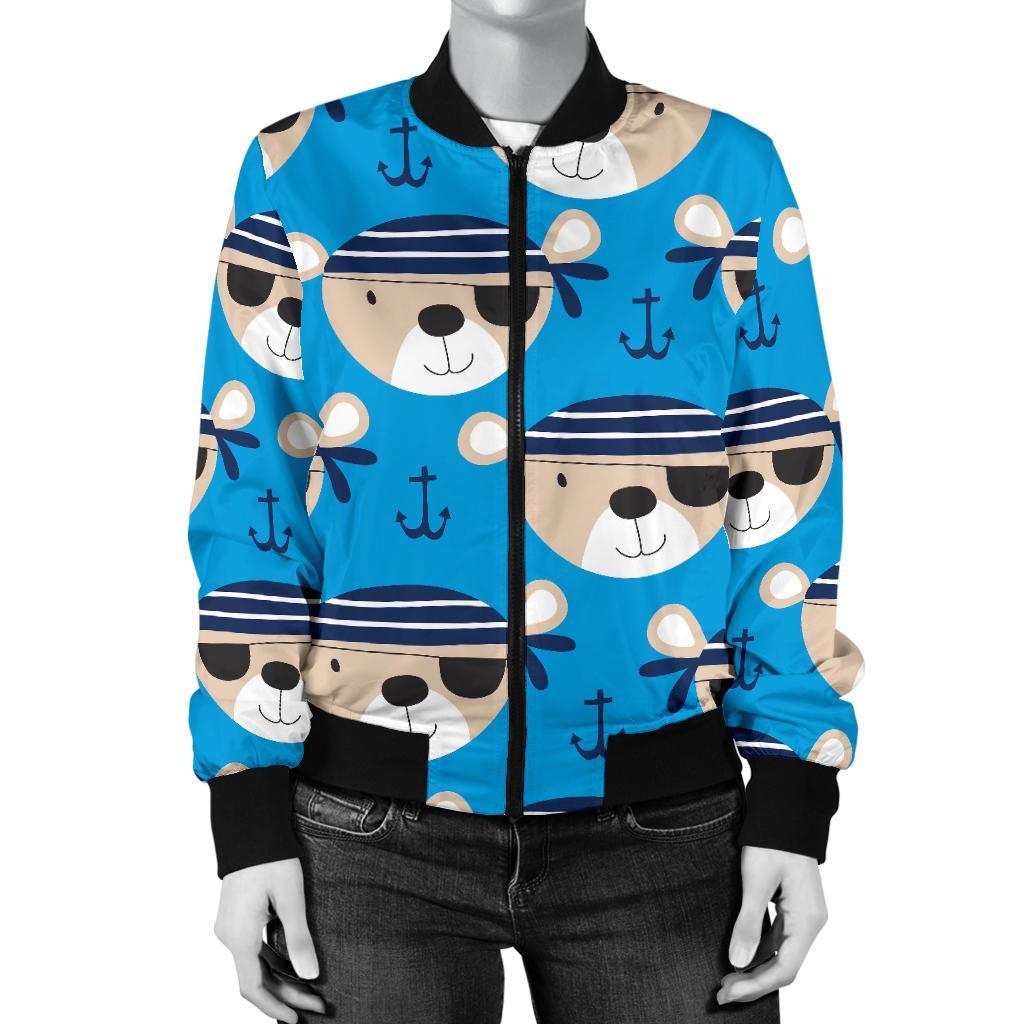 Pirate Bear Pattern Print Women Casual Bomber Jacket-grizzshop