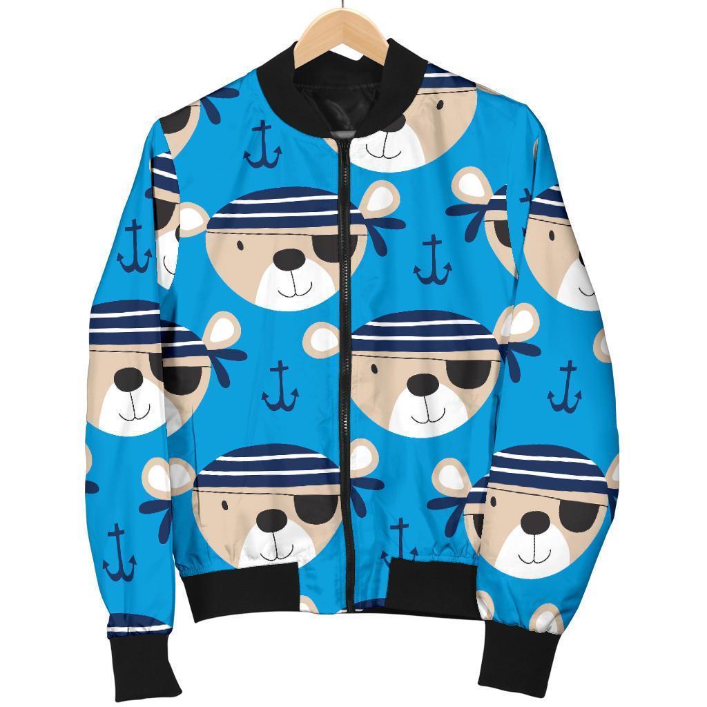 Pirate Bear Pattern Print Women Casual Bomber Jacket-grizzshop