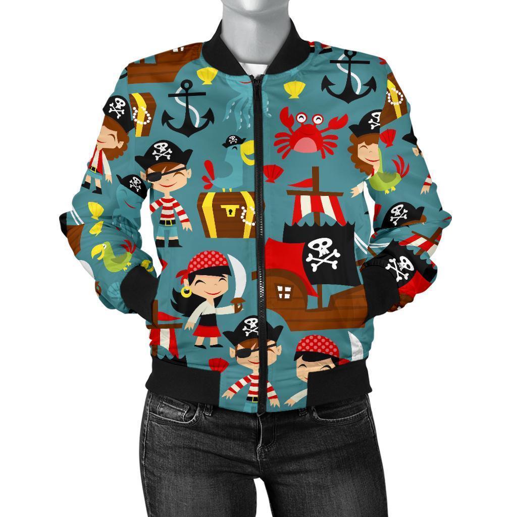 Pirate Pattern Print Women Casual Bomber Jacket-grizzshop