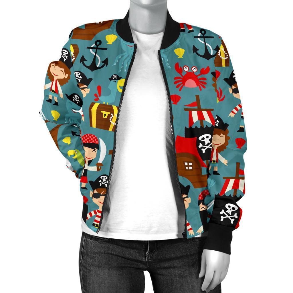 Pirate Pattern Print Women Casual Bomber Jacket-grizzshop