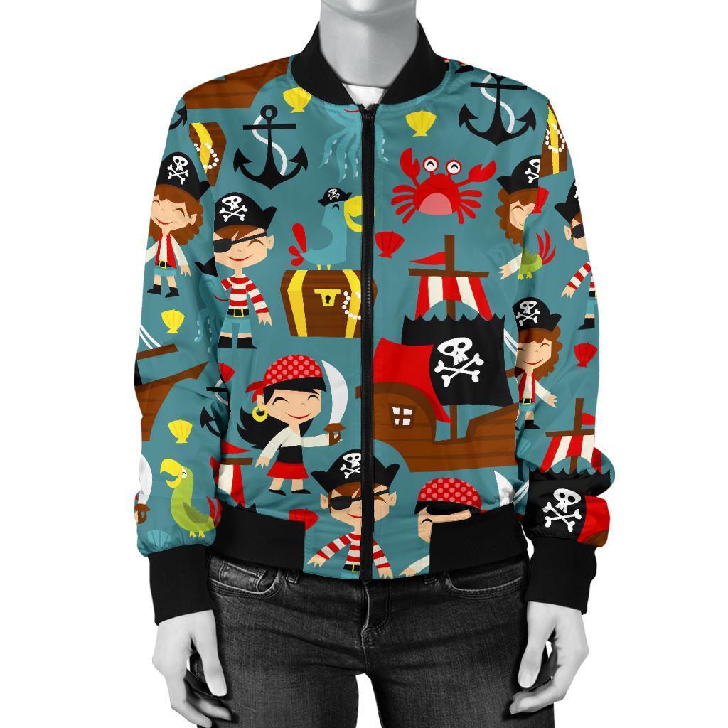 Pirate Pattern Print Women Casual Bomber Jacket-grizzshop