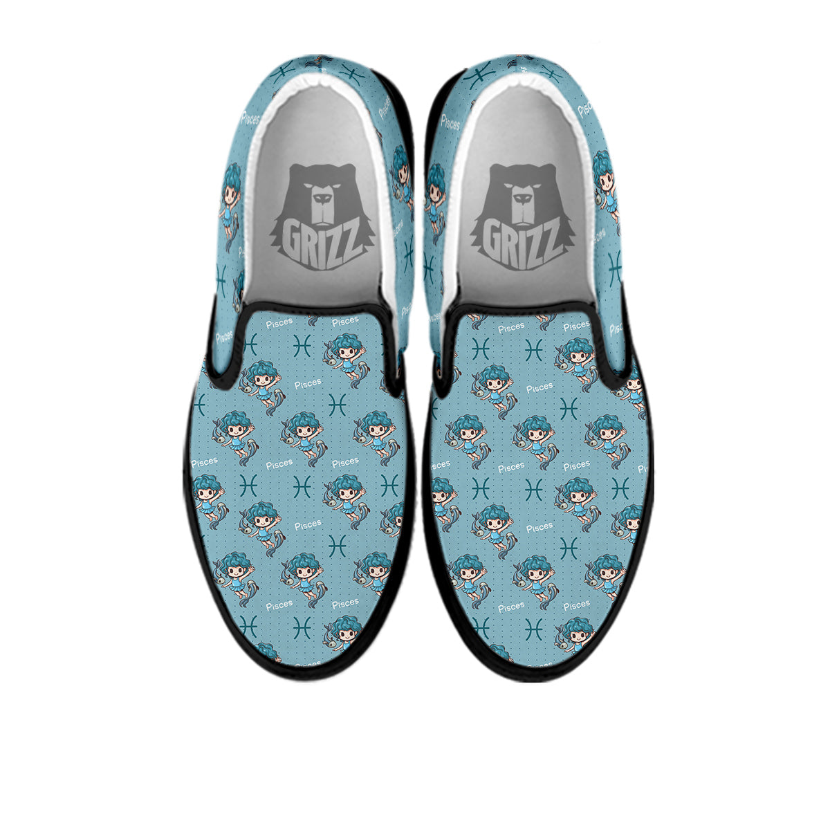 Pisces Cute Cartoon Print Pattern Black Slip On Shoes-grizzshop