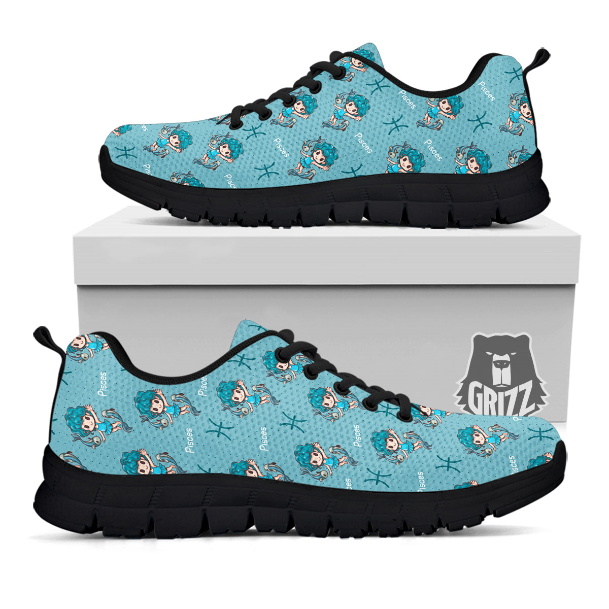 Pisces Cute Cartoon Print Pattern Black Sneaker-grizzshop