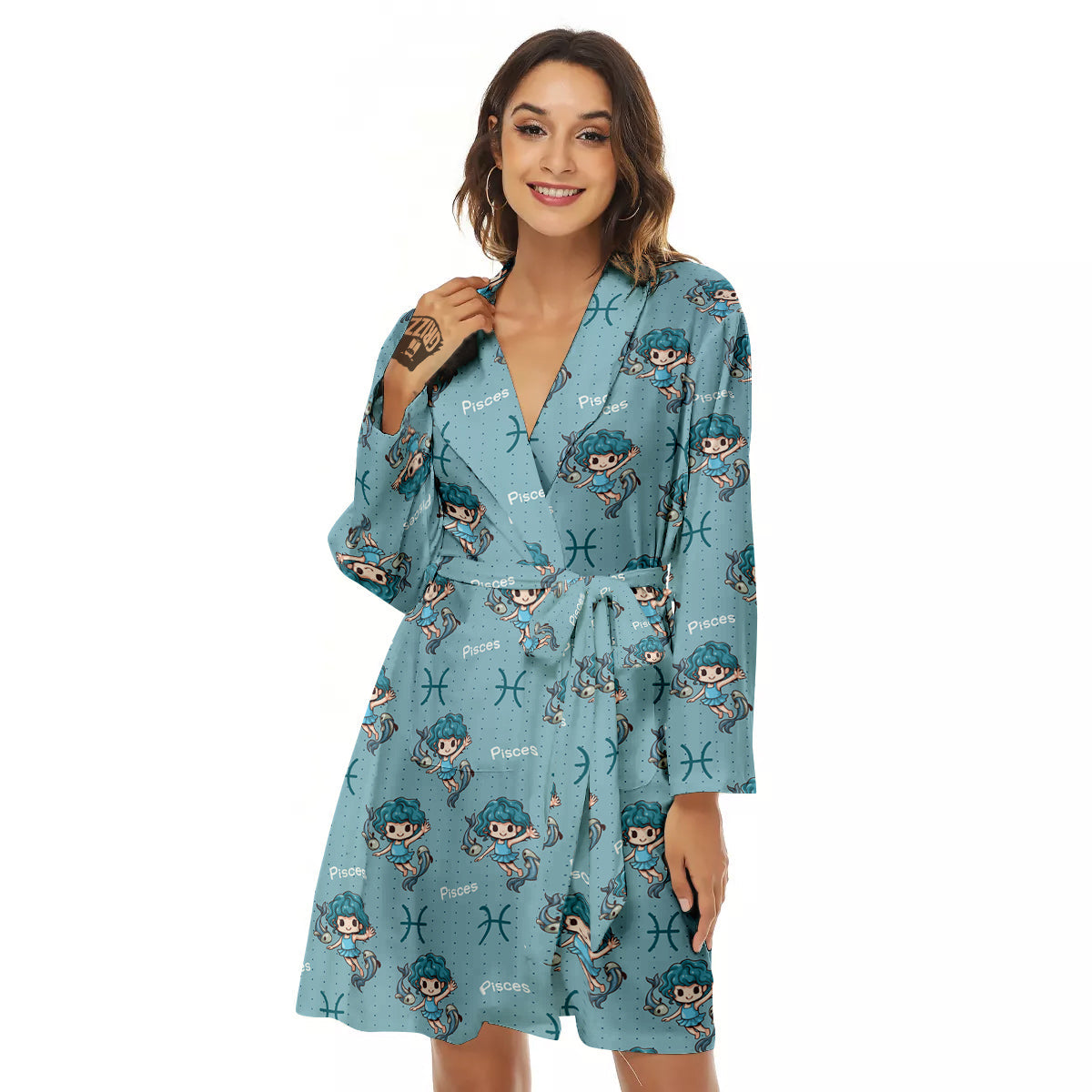 Pisces Cute Cartoon Print Pattern Women's Robe-grizzshop