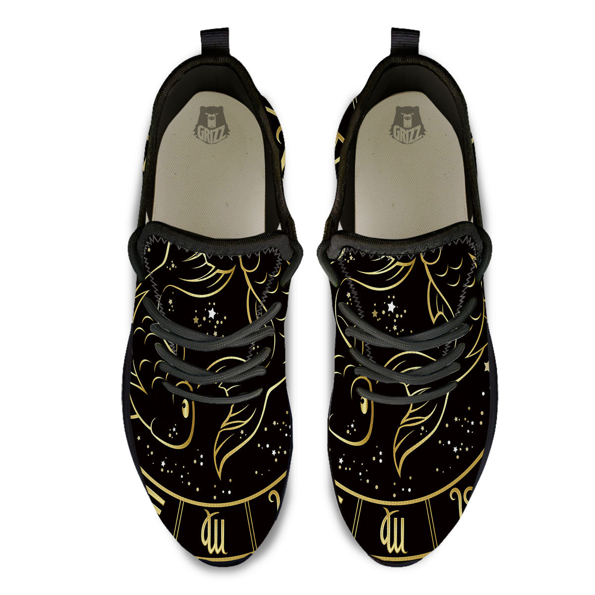 Pisces Sign Black And Gold Print Black Athletic Shoes-grizzshop