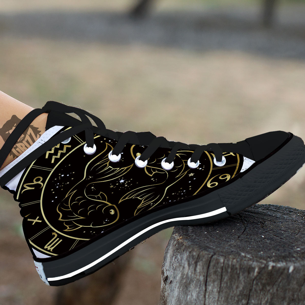 Pisces Sign Black And Gold Print Black High Top Shoes-grizzshop