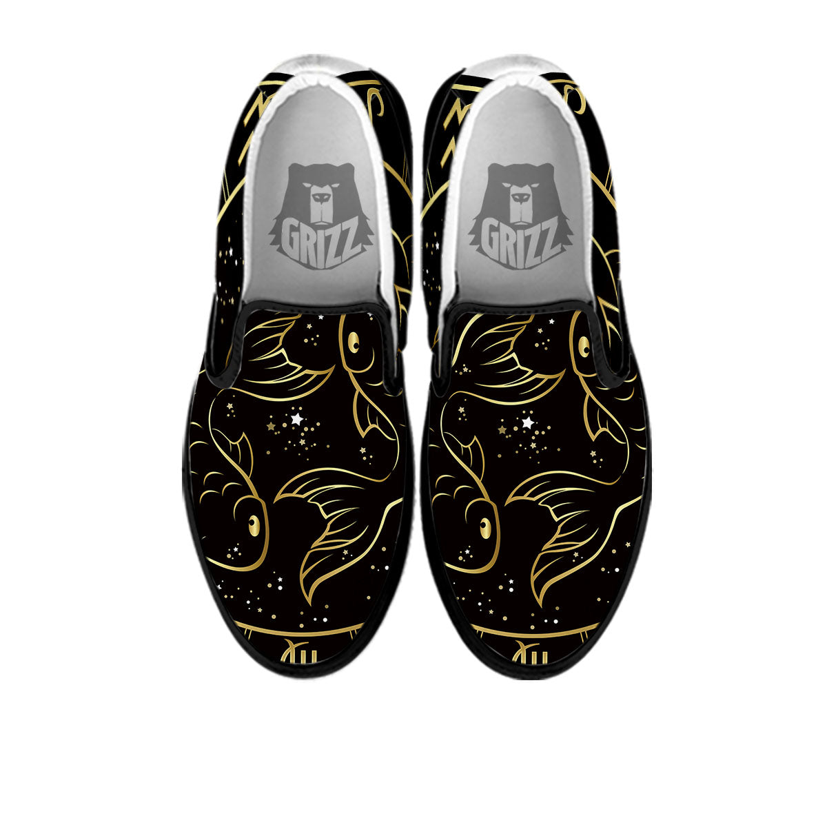Pisces Sign Black And Gold Print Black Slip On Shoes-grizzshop