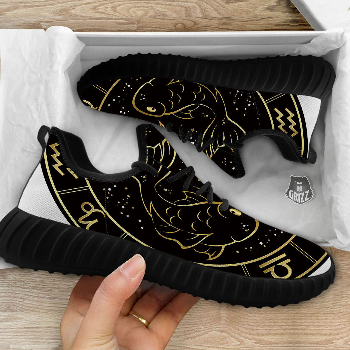 Pisces Sign Black And Gold Print Black Walking Shoes-grizzshop