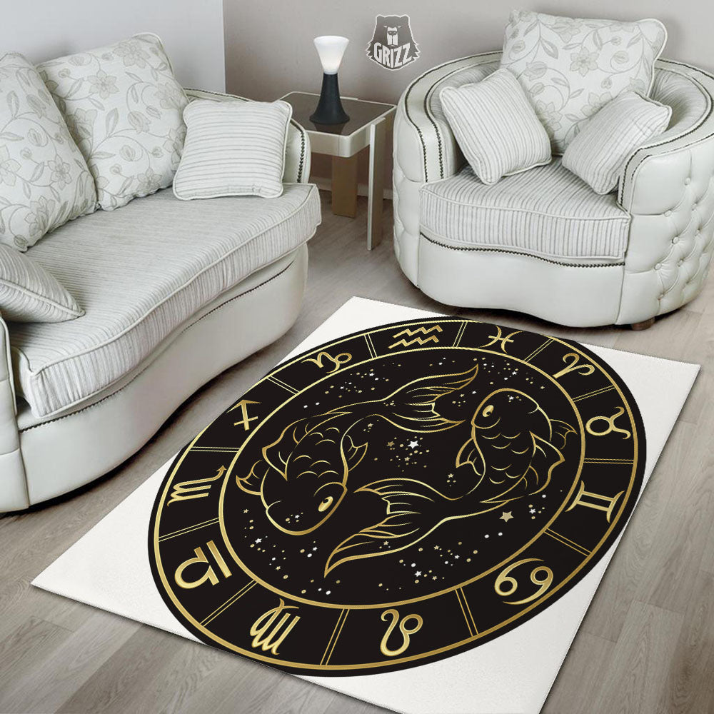 Pisces Sign Black And Gold Print Floor Mat-grizzshop