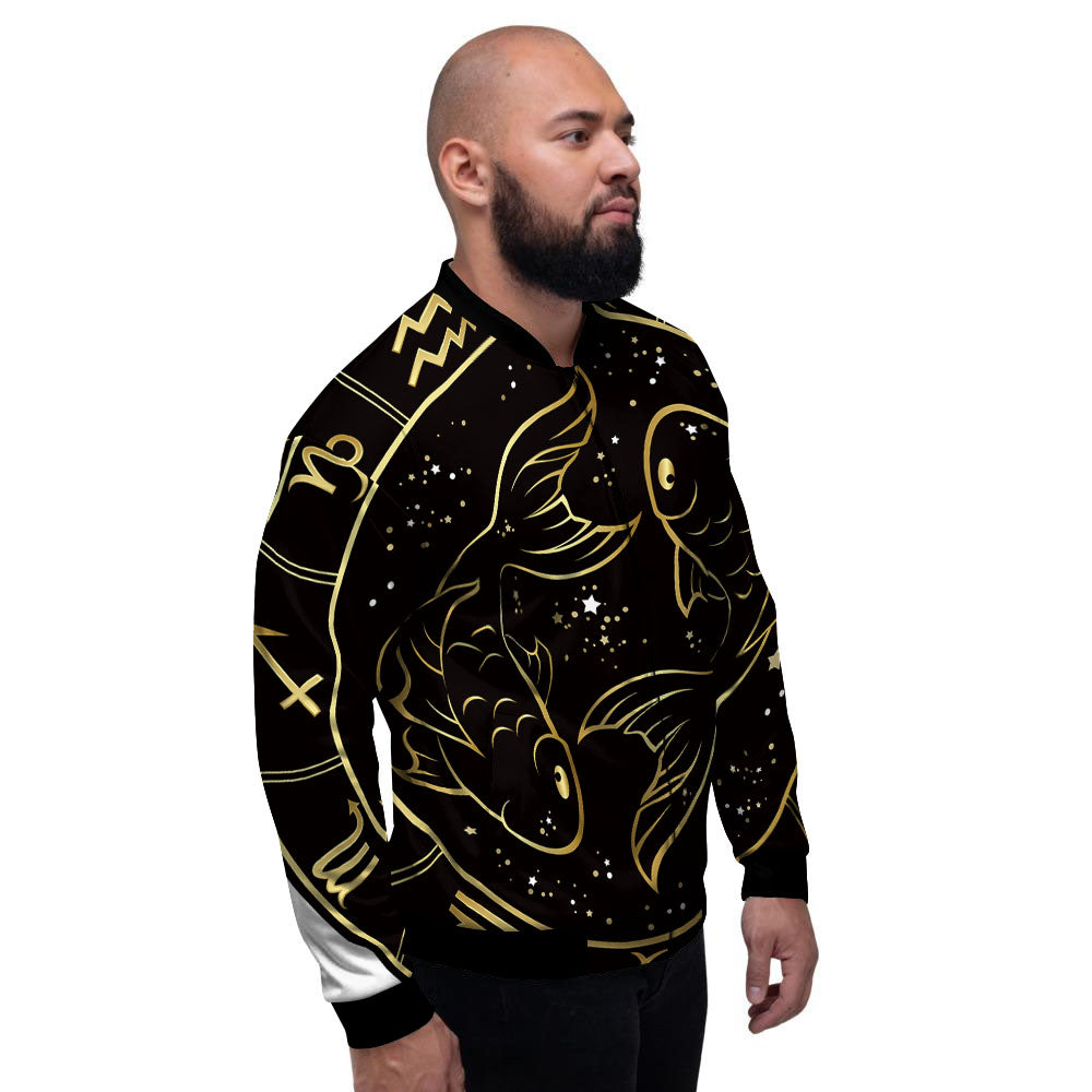 Pisces Sign Black And Gold Print Men's Bomber Jacket-grizzshop