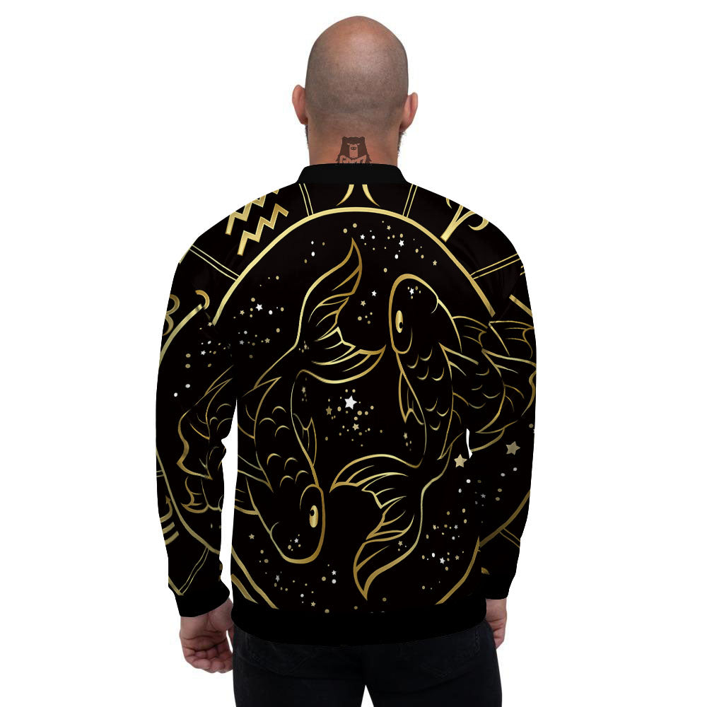 Pisces Sign Black And Gold Print Men's Bomber Jacket-grizzshop