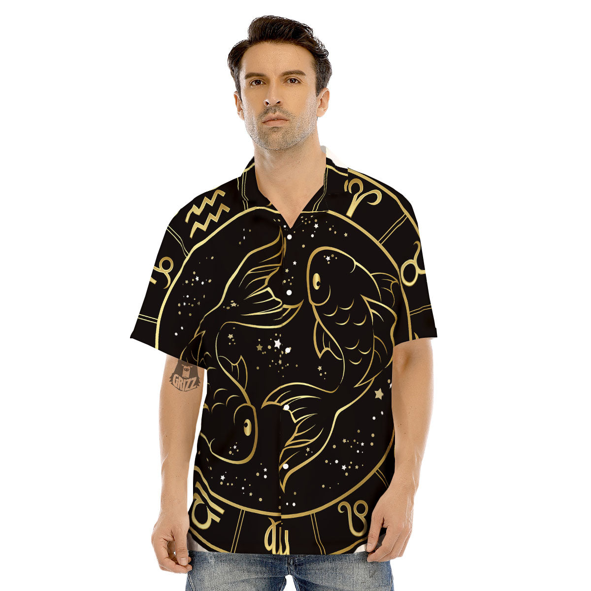 Pisces Sign Black And Gold Print Men's Hawaiian Shirt-grizzshop