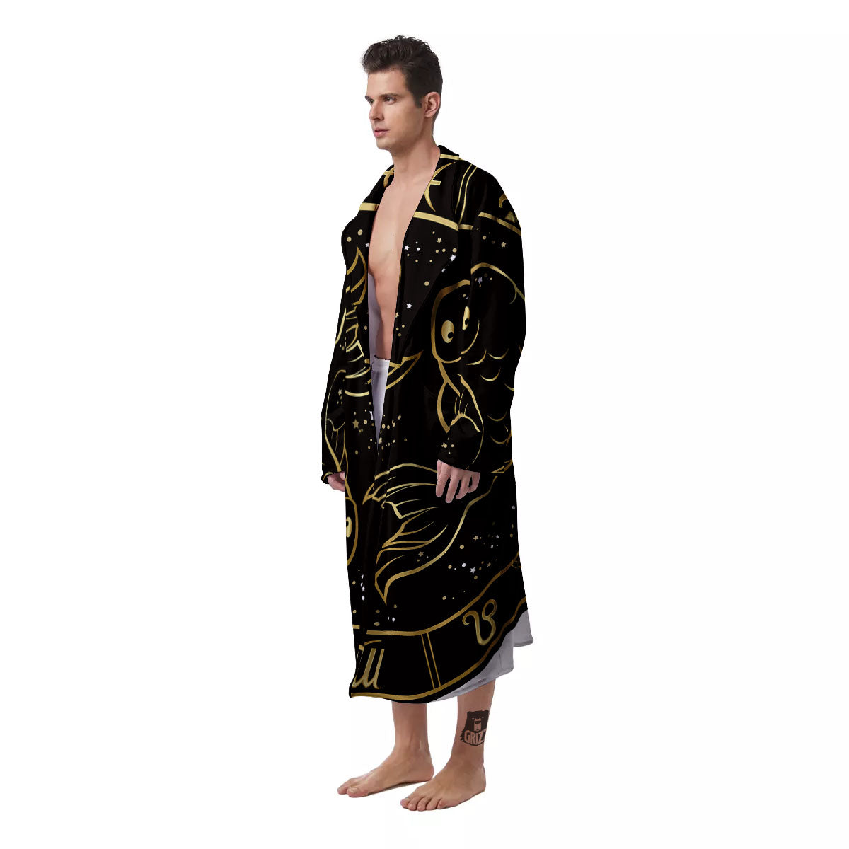 Pisces Sign Black And Gold Print Men's Robe-grizzshop