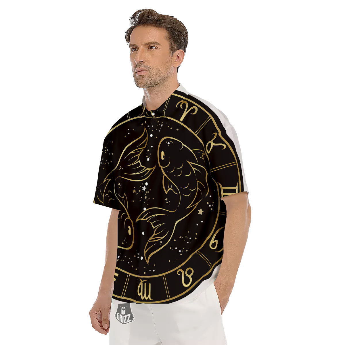 Pisces Sign Black And Gold Print Men's Short Sleeve Shirts-grizzshop