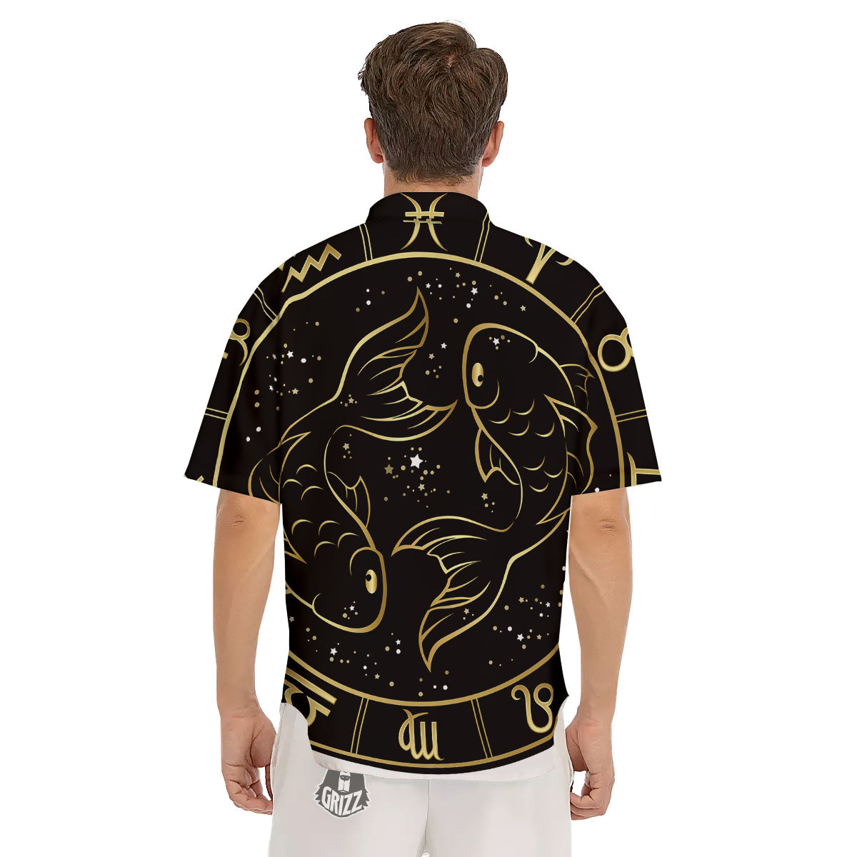 Pisces Sign Black And Gold Print Men's Short Sleeve Shirts-grizzshop