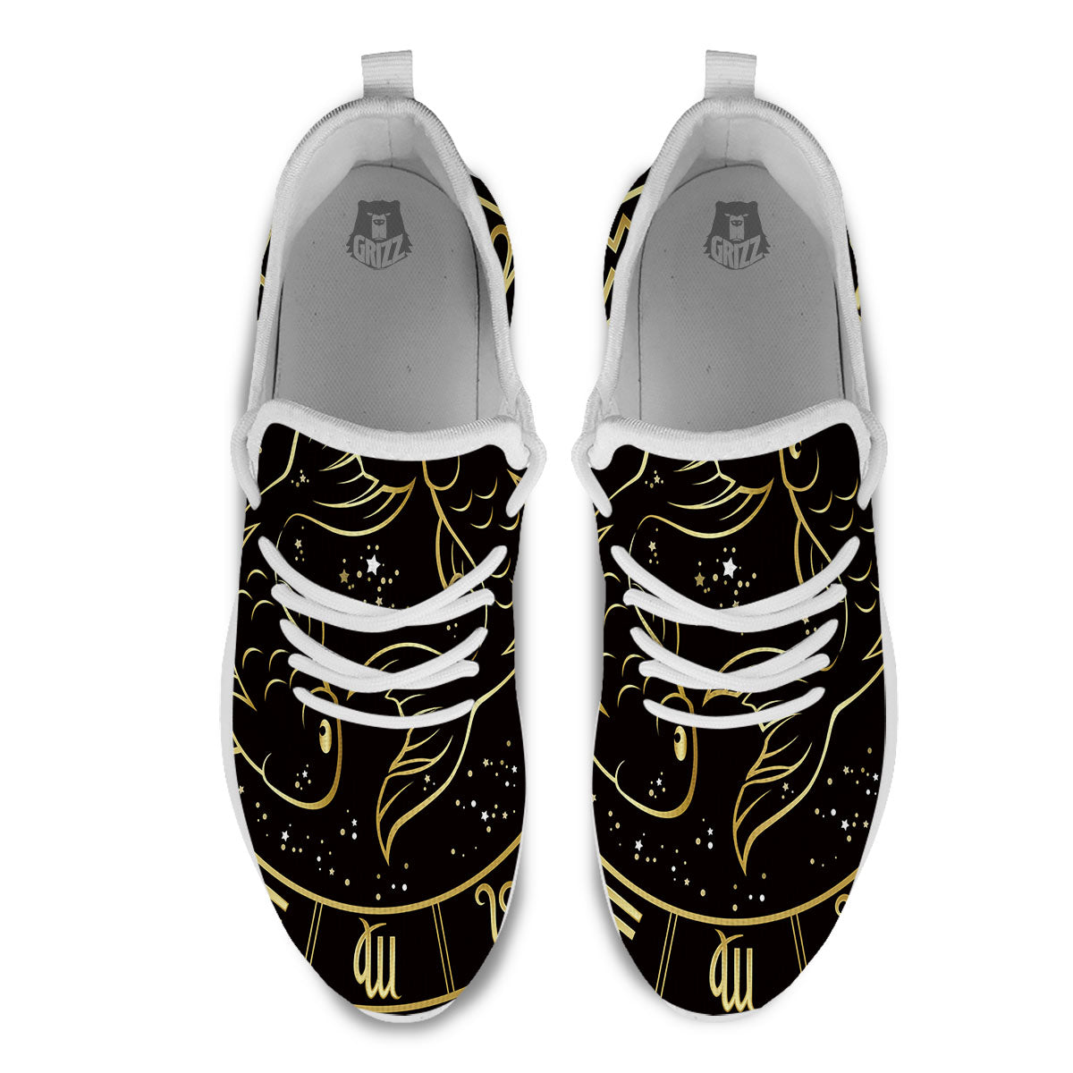 Pisces Sign Black And Gold Print White Athletic Shoes-grizzshop